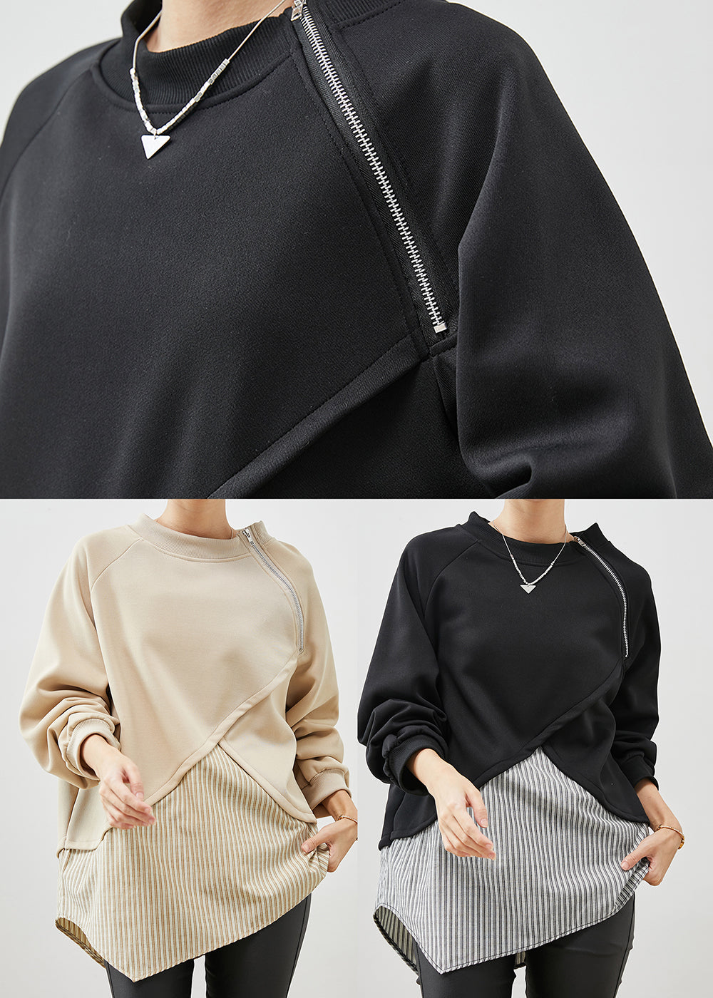 Khaki Asymmetrical Patchwork Cotton Sweatshirts Top Spring