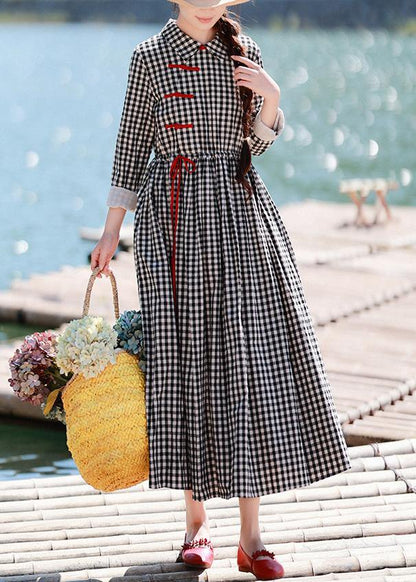 Diy Lapel Drawstring Spring Clothes Photography Black Plaid Dresses