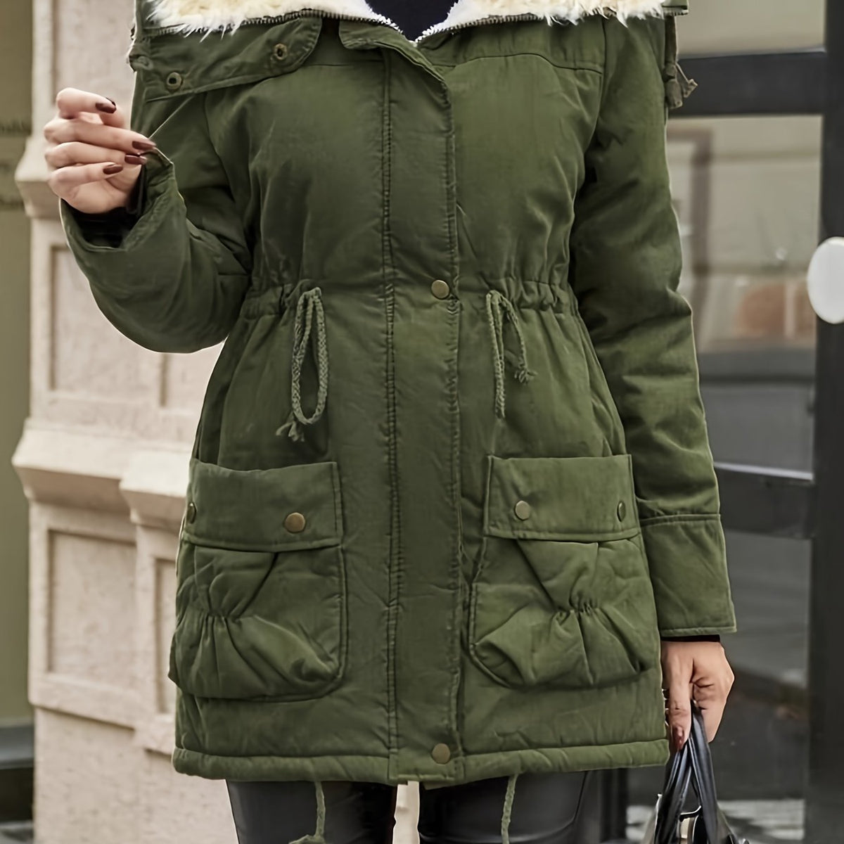 JO | Warm faux fur jacket with zipper and drawstring at the waist