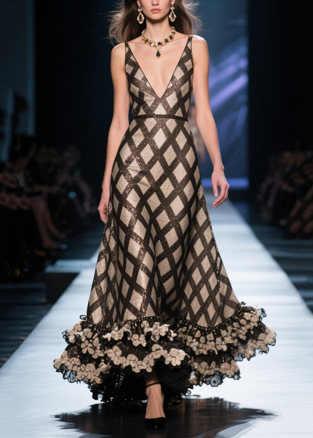 Black Deep-v Neck Plaid Silk Evening Dress Summer