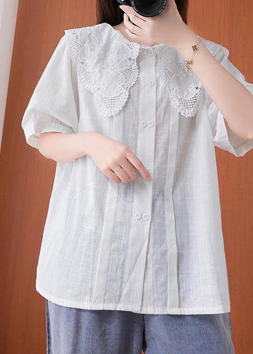White Peter Pan Collar Button Cotton Linen Tops Summer