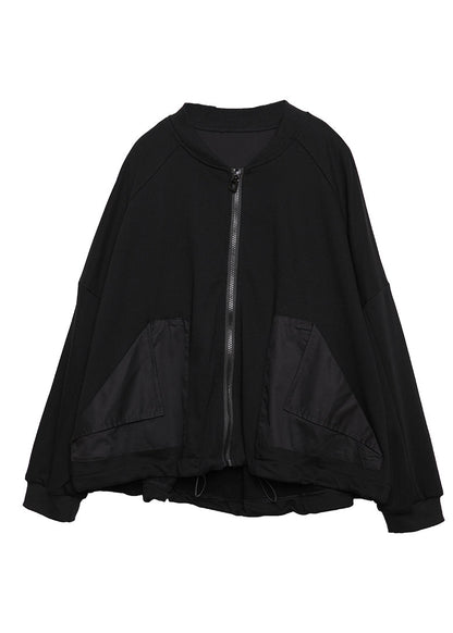 Diy Black O-neck Zippered Pockets Cotton Coats Long Sleeve