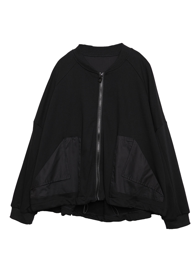 Diy Black O-neck Zippered Pockets Cotton Coats Long Sleeve