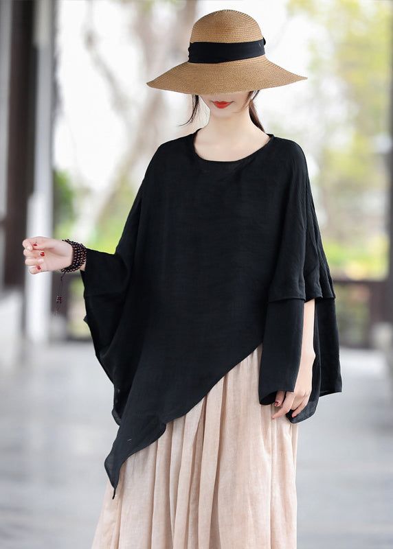Black O-neck Patchwork Cotton Tops Batwing Sleeve