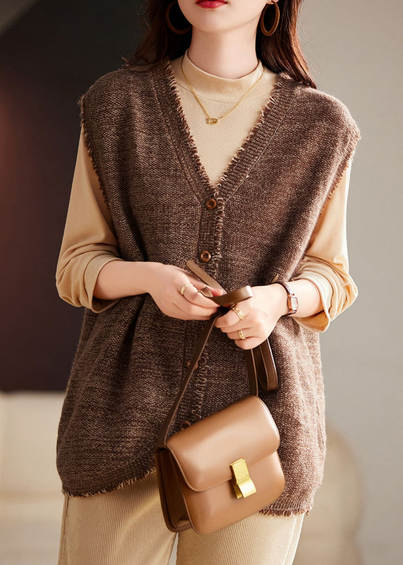 Coffee Tasseled Knit Vest and Cotton Top Two Pieces Set Winter