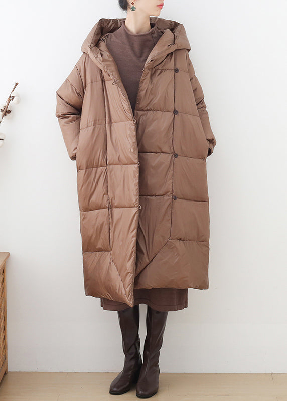 Khaki Button Hooded Down Coat Long Sleeve