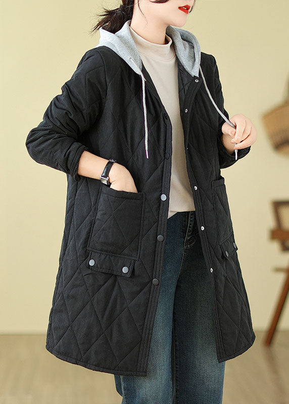 Black Pockets Fine Cotton Filled Hooded Coat Winter