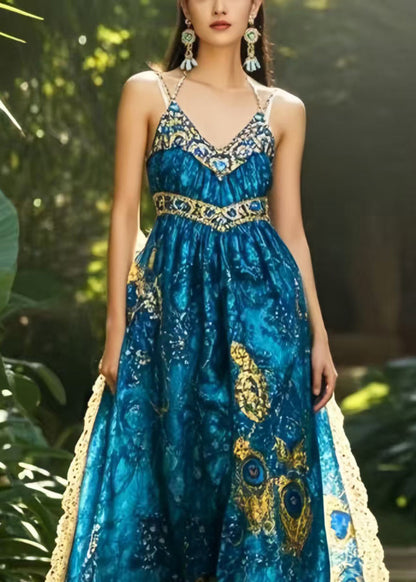 Navy Print Exra Large Hem Chiffon Holiday Dress Summer