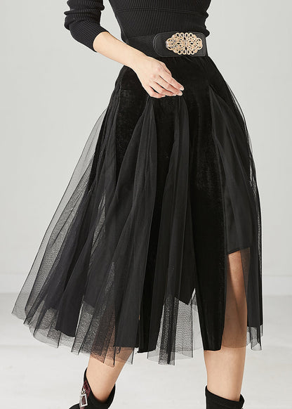 Black High Waist Patchwork Tulle Velour Dress Spring