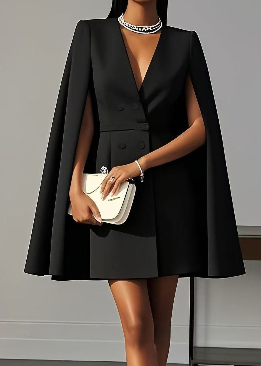 Black V Neck Patchwork Spandex Work Dress Cloak Sleeves Summer