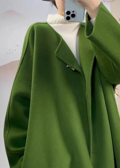 Classy Green O Neck Pockets Woolen Coat Fall