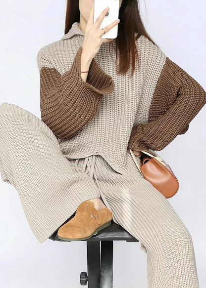 Apricot Asymmetrical Elastic Waist Patchwork Knit Two Piece Set Fall