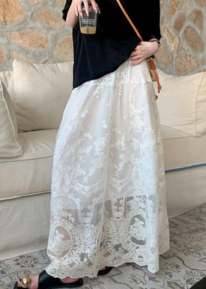 Art White Lace Tulle Patchwork Elastic Waist Skirt Summer