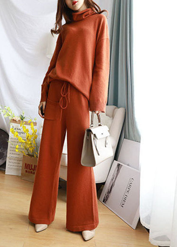 Stylish Caramel Turtle Neck Wool Knit Sweater and Wide Leg Pant Two Pieces Set Spring