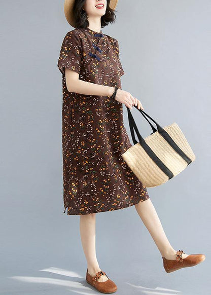 Simple Chocolate Print Oriental Maxi Summer Cotton Dress