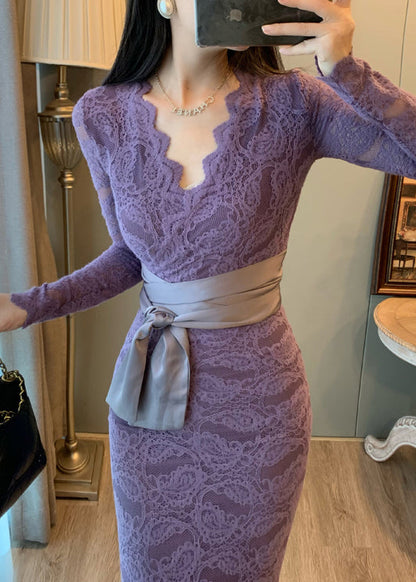 Lavender V Neck Tie Waist Lace Party Dresses Summer