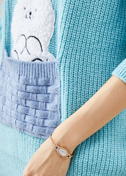 Sky Blue Thick Patchwork Rabbit Knitted Tops Winter