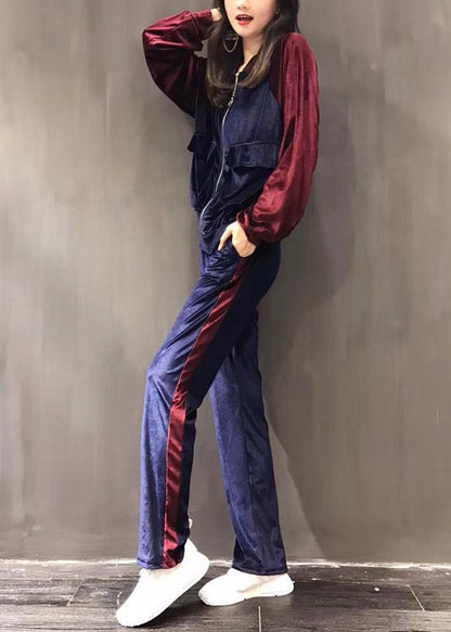 Purple Stand Collar Silk Velour Coats and Wide Leg Pants Two Pieces Set Fall