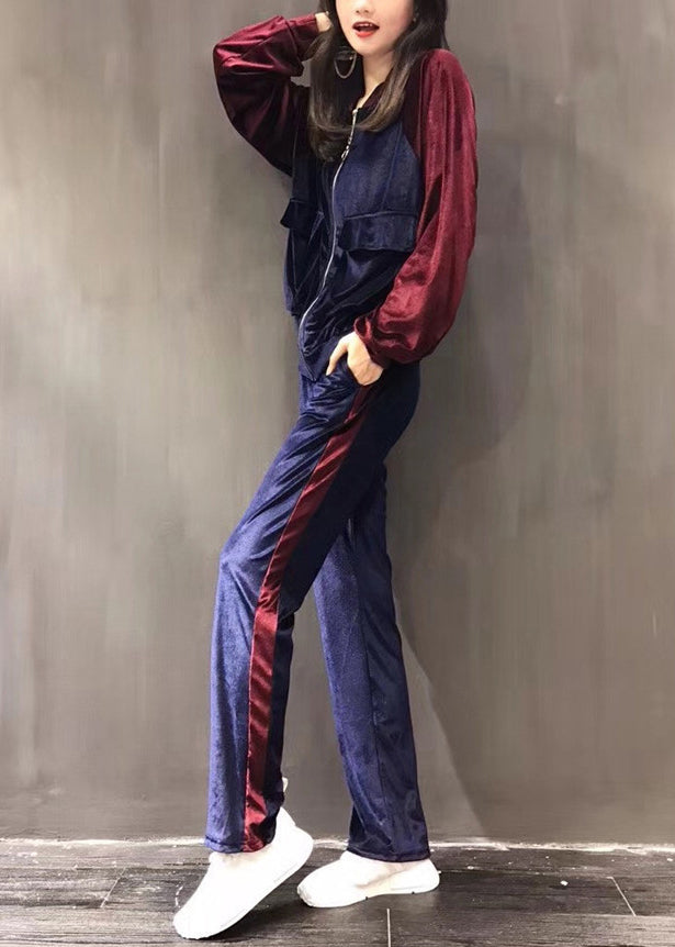 Purple Stand Collar Silk Velour Coats and Wide Leg Pants Two Pieces Set Fall