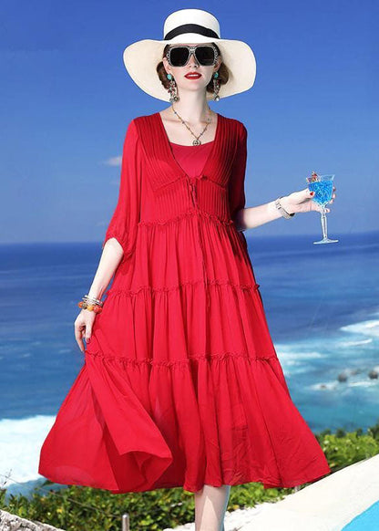 Red Patchwork Silk Two Pieces Set Beach Holiday Dress Summer