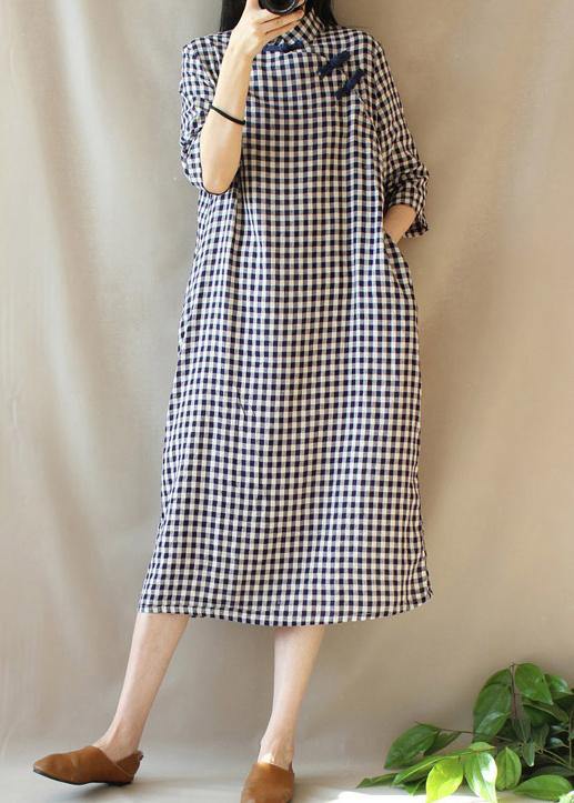 Loose Stand Collar Chinese Button Outfit Work Plaid Linen Maxi Dresses