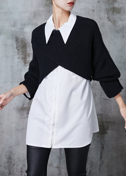 French Black Asymmetrical Design Knit Two Piece Set Clothing Spring