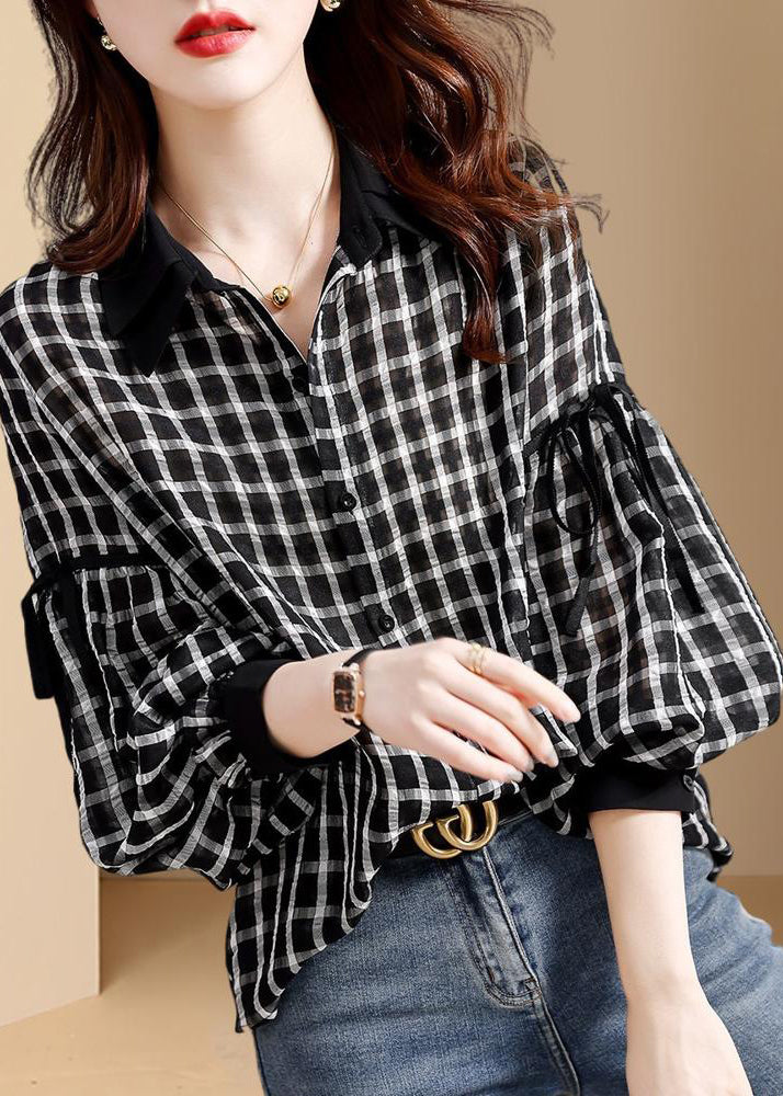 Black Plaid Patchwork Button Shirt Long Sleeve