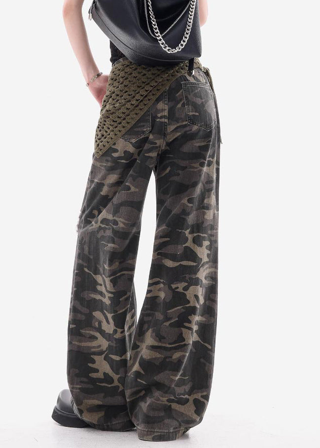 Camouflage Hole Pockets Patchwork Denim Pants Fall