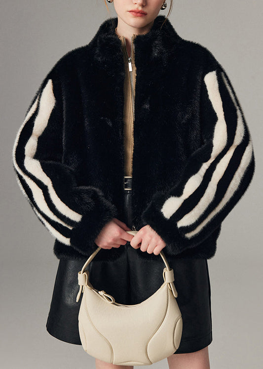Striped Black Stand Collar Zippered Mink Hair Coats Winter