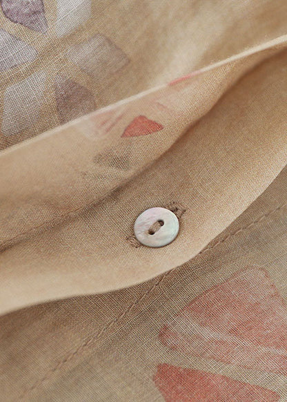 Stylish Khaki Wrinkled Print Ramie Linen Shirt Tops Spring
