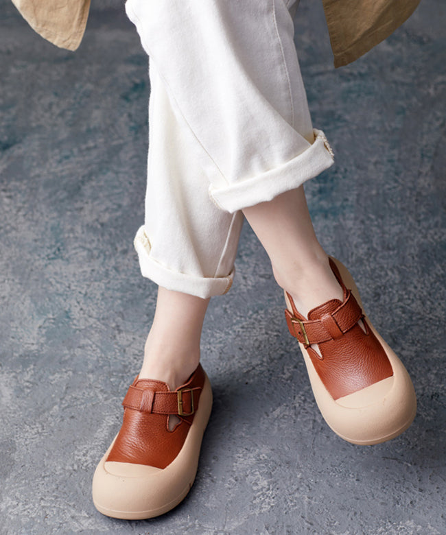 Brown Cowhide Leather Splicing Flats Penny Shoes