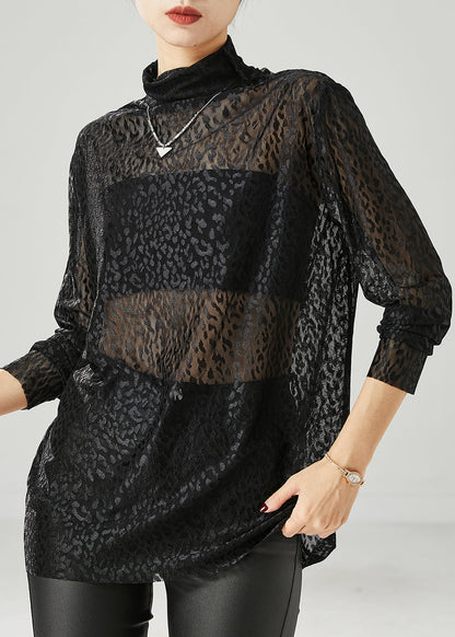 Black Turtle Neck Hollow Out Tulle Top Spring