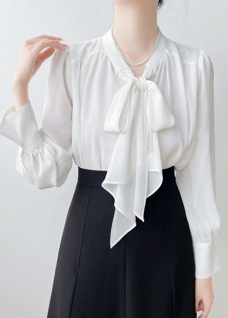 White Oversized Chiffon Shirts Bow Draping Spring