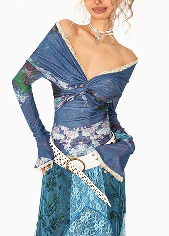Blue V Neck Print Lace Patchwork Tulle Shirt Flare Sleeve