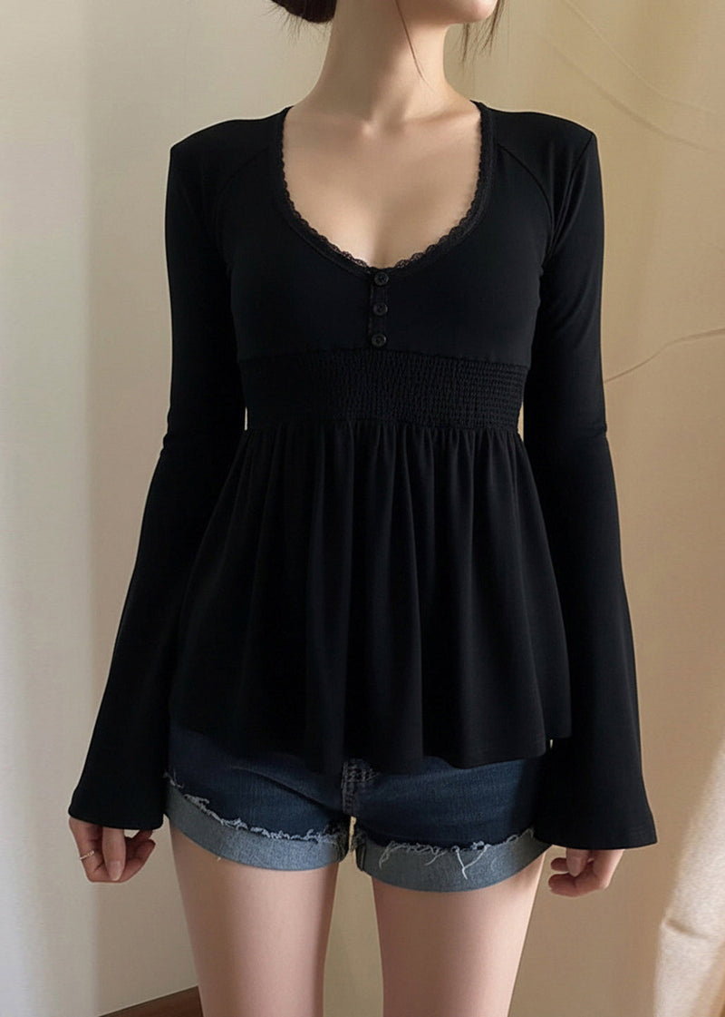 Loose Black V Neck Lace Cotton T Shirts Flare Sleeve