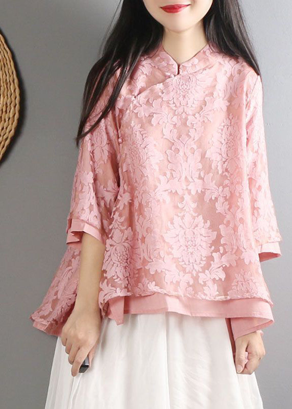 Pink Mandarin Collar Cotton Shirt Top Bracelet Sleeve