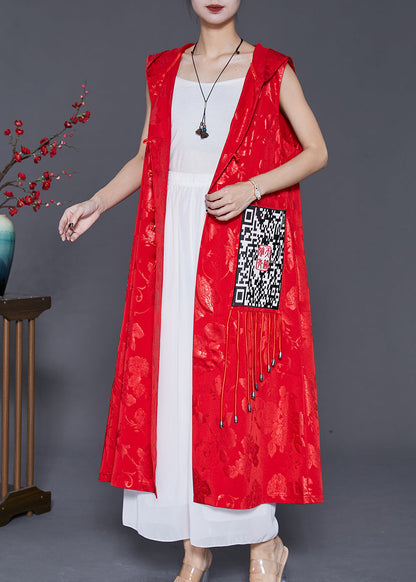 Red Jacquard Tasseled Silk Long Vest Fall