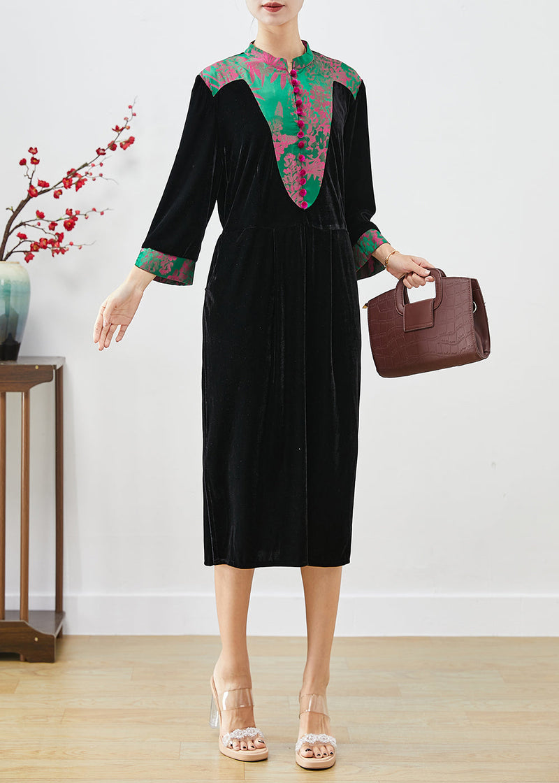 Black Mandarin Collar Patchwork Silk Velour Dresses Fall