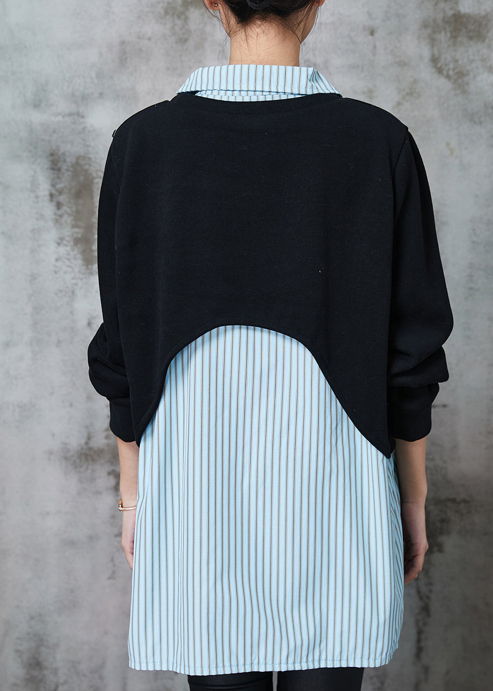 Diy Blue Striped Patchwork Cotton Loose Sweatshirts Top Spring