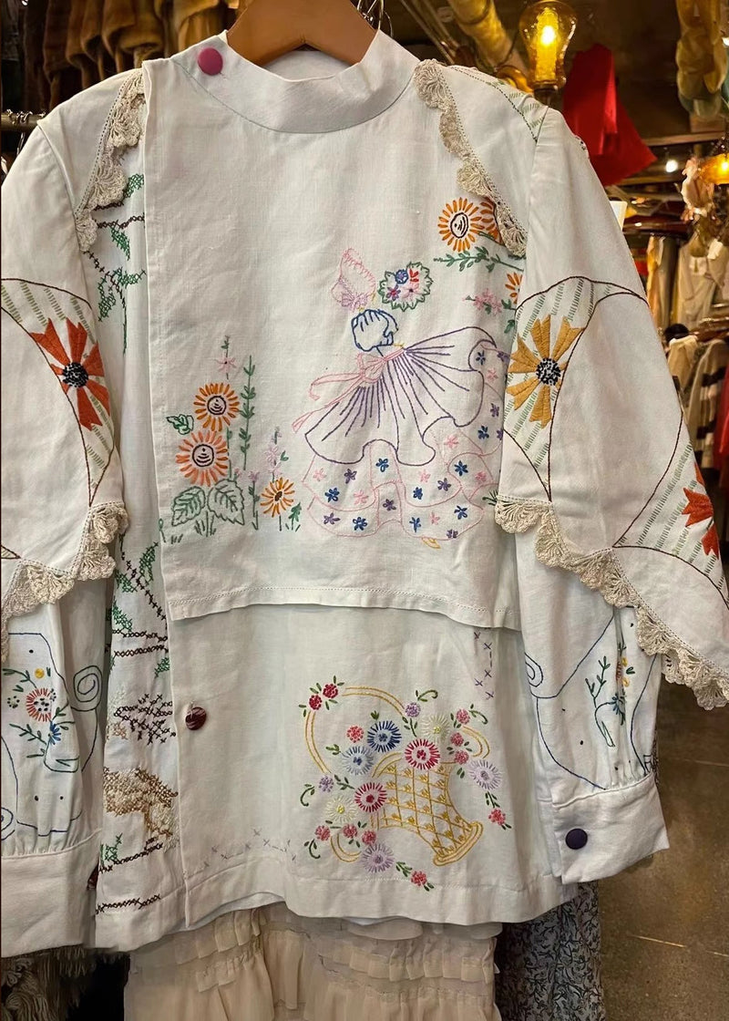 Handmade White Embroideried Patchwork Cotton Blouse Tops Fall