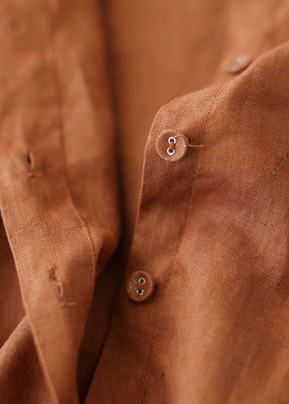 Caramel Peter Pan Collar Button Linen Shirt Long Sleeve
