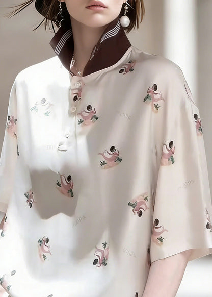 Peter Pan Collar Print Patchwork Silk Shirts Half Sleeve