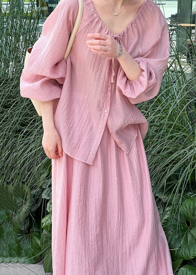 Pink Lace Up Shirt and Skirts Silk Fall Two Pieces Set Wrinkled