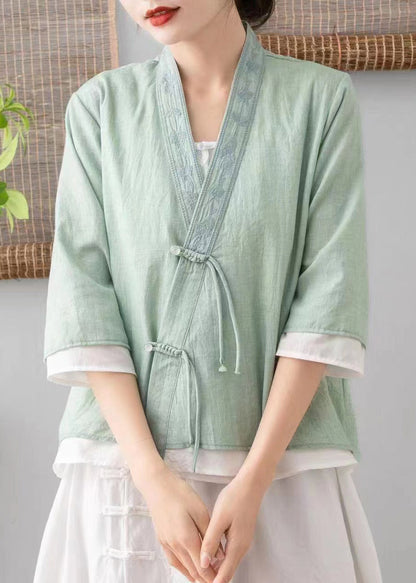 Green V Neck Embroideried Tasseled Linen Cardigans Spring