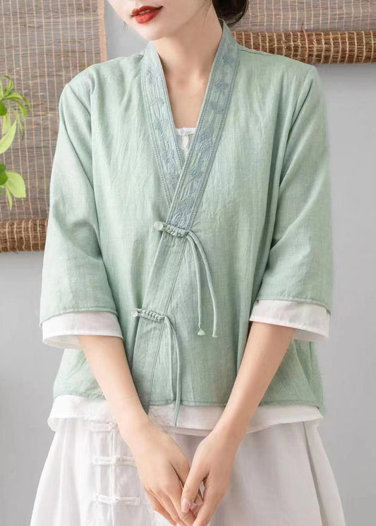 Green V Neck Embroideried Tasseled Linen Cardigans Spring
