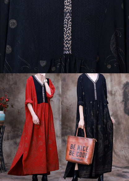 Red Asymmetrical Print Velour Robe Dresses Spring
