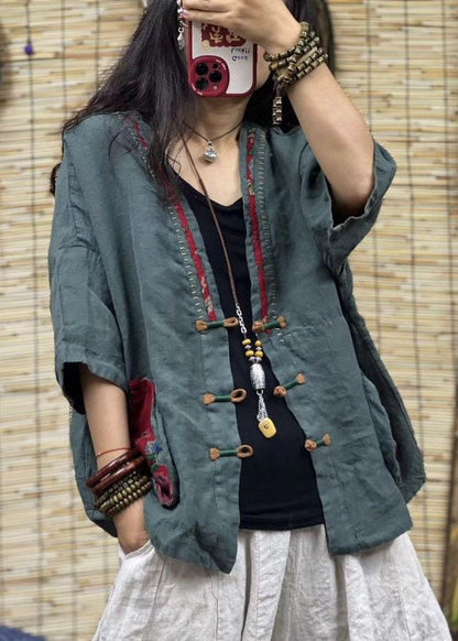 Green V Neck Pockets Chinese Button Patchwork Linen Coats Summer