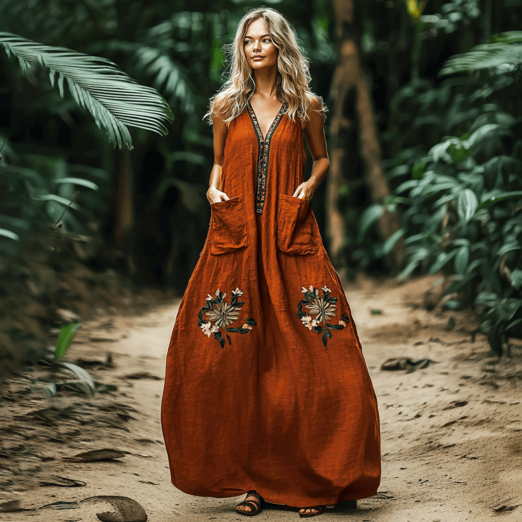 Bohemian Floral Embroidery Sleeveless  Cozy Linen Maxi Dress artswardrobe