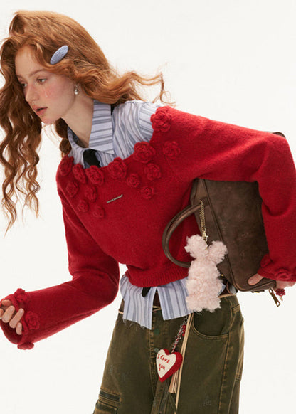 Stylish Red Rose Cotton Knit Sweater Tops Winter