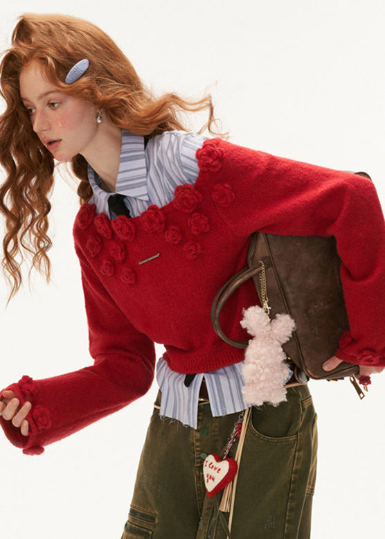 Stylish Red Rose Cotton Knit Sweater Tops Winter